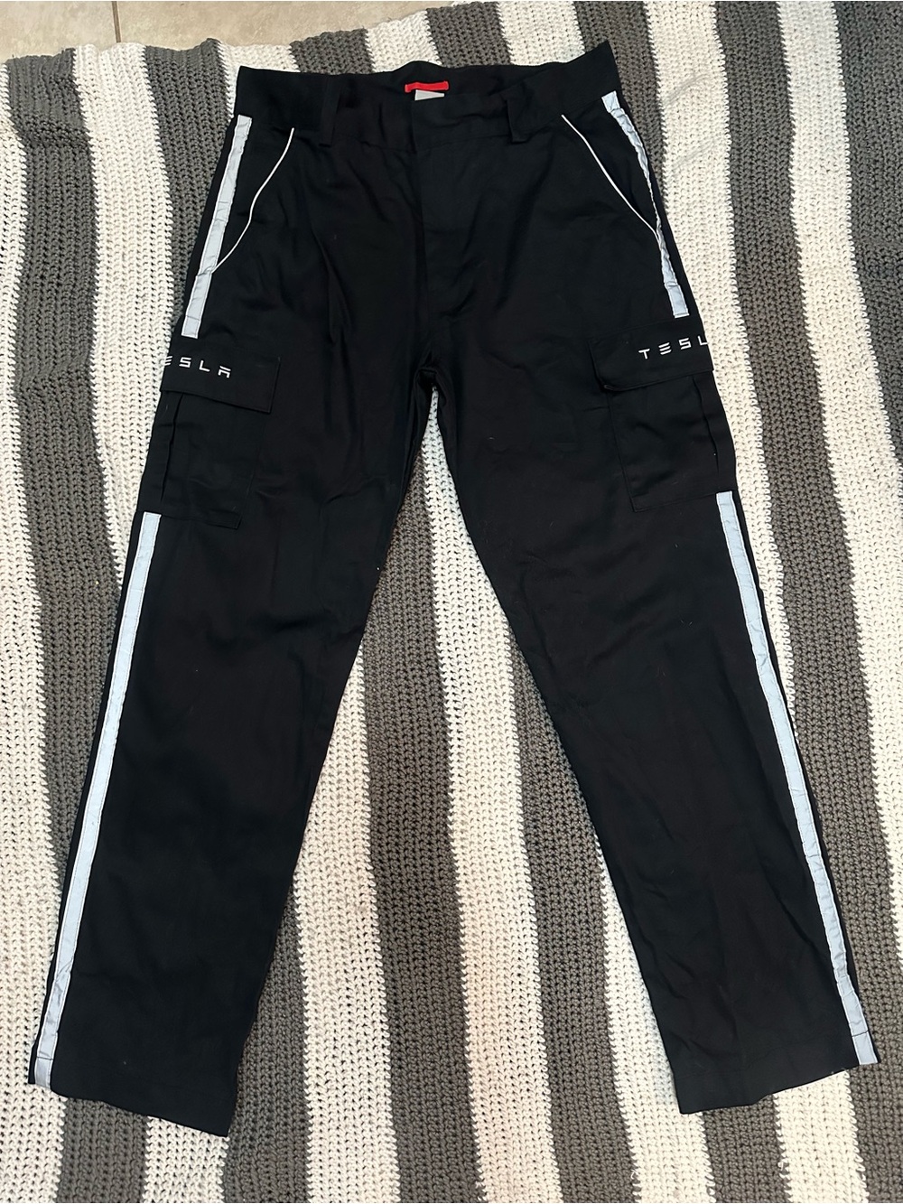 Tesla Black Cargo Track Pants with White Reflective Stripes